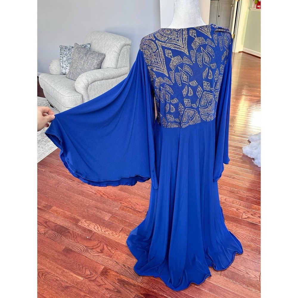 Handmade Bell Sleeve Blue Gold Glitter Unique Pattern Formal Gown Dress - Picture 5 of 12
